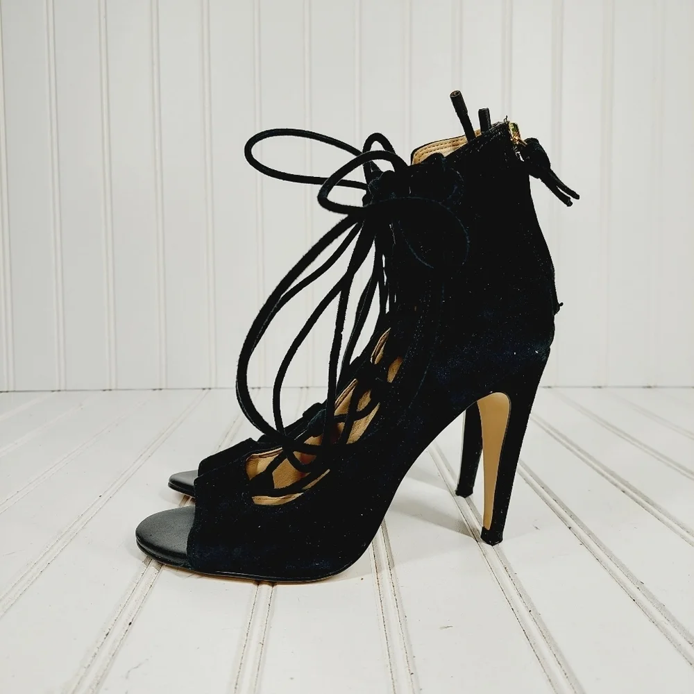 Saks Fifth Avenue Naylee Black Suede Tie Up Sandals Stiletto Heels I418